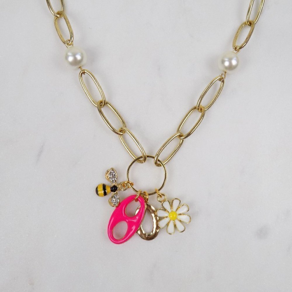 gold charm necklace paperclip link chain enamel charms stars daisies neon pearls